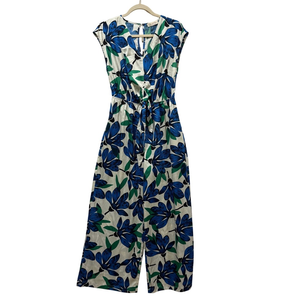 Doe and Rae Floral Wide Leg Jumpsuit Blue Green White V-Neck Small